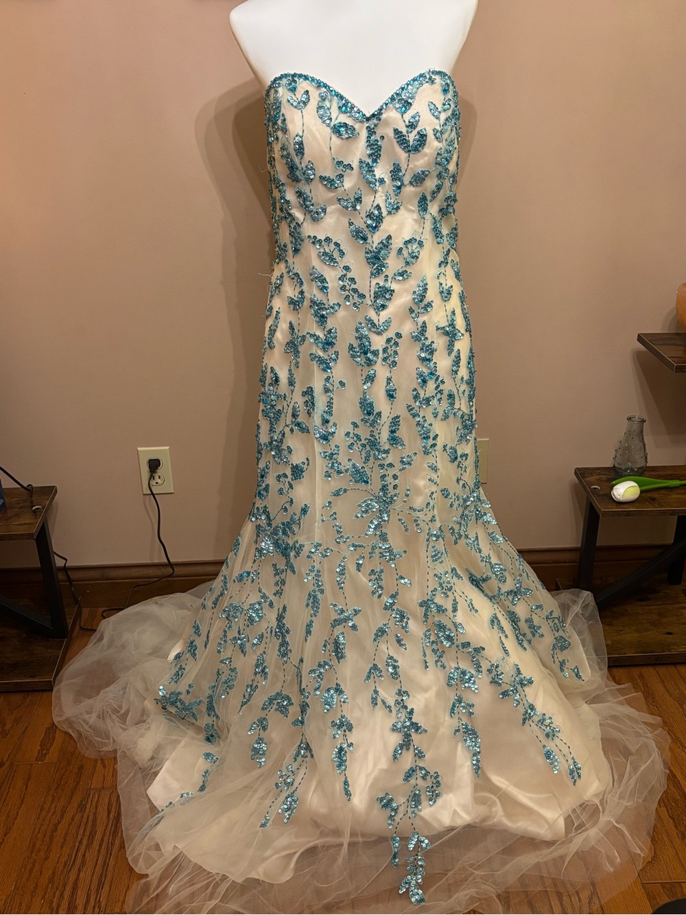 Strapless Tulle Mermaid Gown with Aqua Sequin Embroidery